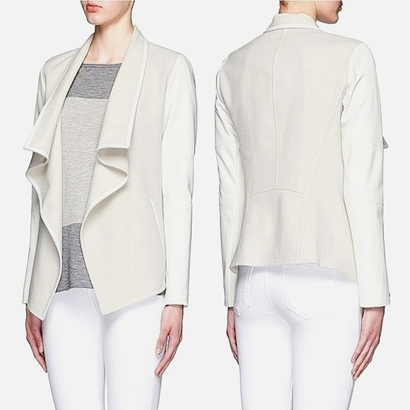 Vince Ivory White Leather Trim Wool Blend Drape Open Front Jacket - Picture 12 of 12